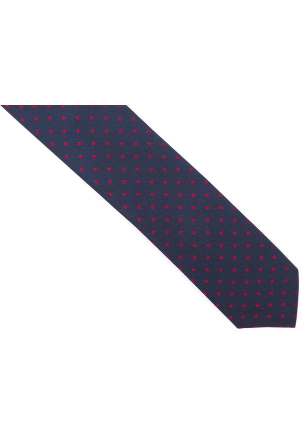 Adam Collection - Granatowy krawat męski w czerwone kropki D281. Kolor: wielokolorowy, czerwony, niebieski. Materiał: mikrofibra, tkanina. Wzór: kropki. Styl: klasyczny