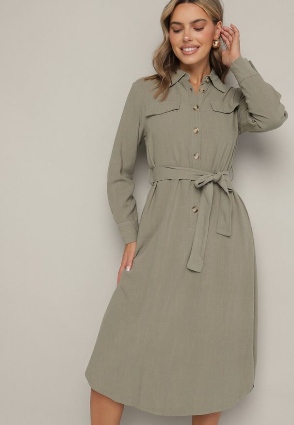 Born2be - Zielona Bawełniana Sukienka Koszulowa z Wiązanym Paskiem Zintrona. Okazja: na co dzień. Kolor: zielony. Materiał: bawełna. Typ sukienki: koszulowe. Styl: casual