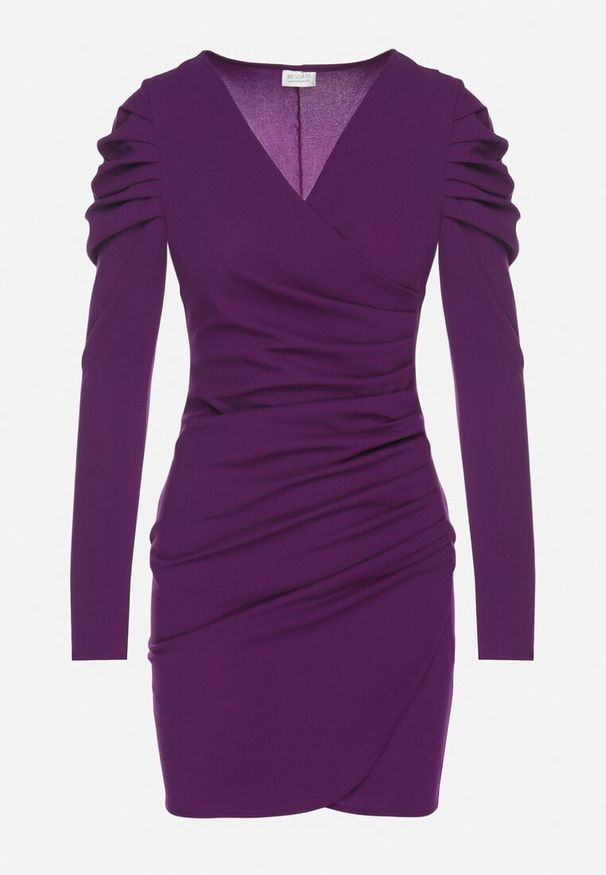 Born2be - Fioletowa Sukienka Dopasowana z Drapowaniem i Kopertowym Dekoltem Olaura. Okazja: na co dzień. Typ kołnierza: dekolt kopertowy. Kolor: fioletowy. Długość rękawa: długi rękaw. Typ sukienki: kopertowe. Styl: klasyczny, casual, elegancki