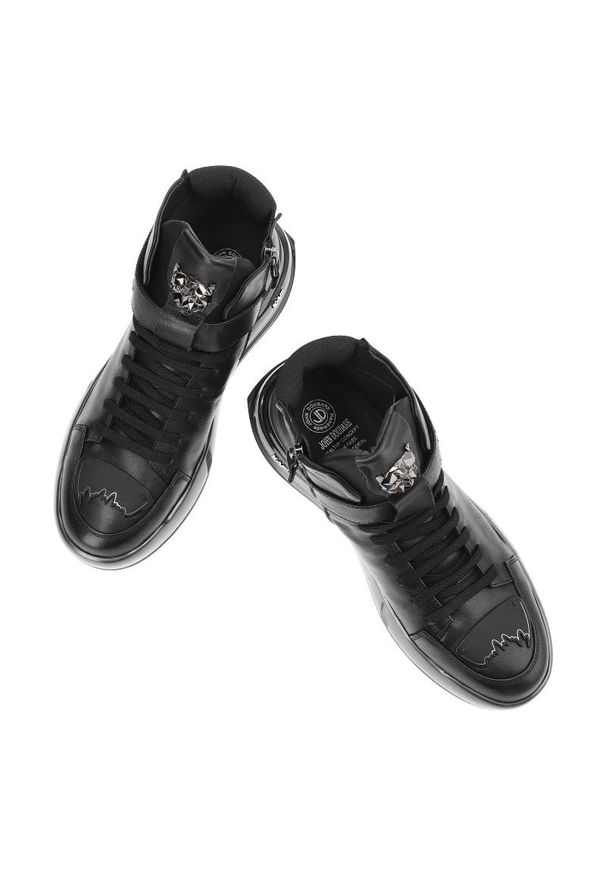 Czarne Sneakersy John Doubare Męskie Skórzane Buty. Okazja: na co dzień. Zapięcie: pasek. Kolor: czarny. Materiał: skóra. Wzór: aplikacja