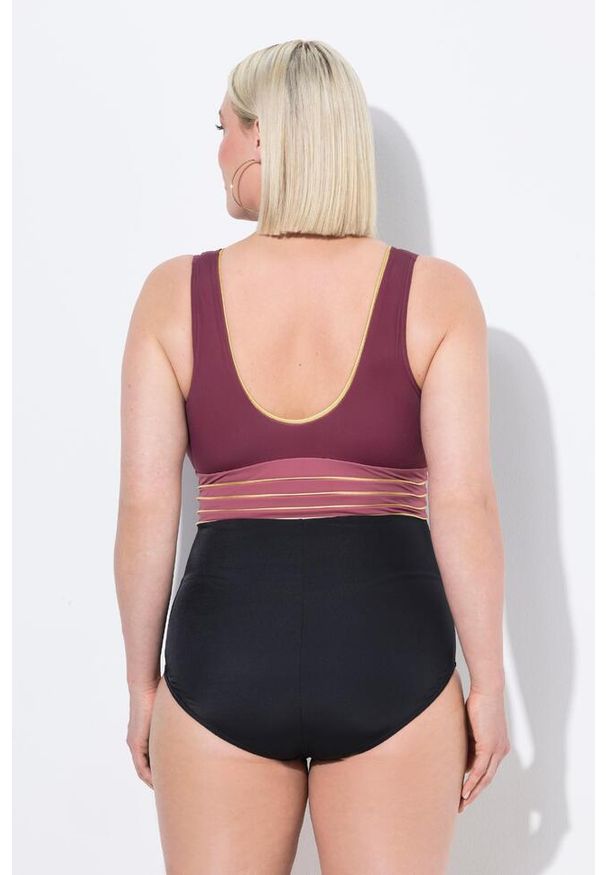 ULLA POPKEN - Damski Strój kąpielowy złota lamówka miękkie miseczki dekolt w serek. Kolekcja: plus size. Kolor: czarny. Materiał: poliester, elastan, poliamid, materiał