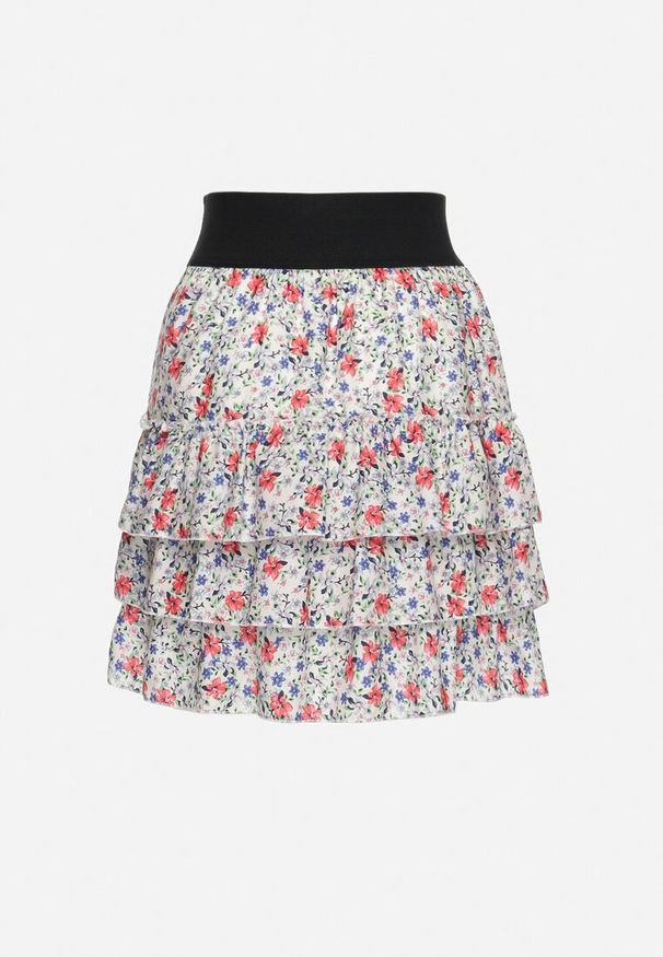 Born2be - Biało-Różowa Spódnica Mini Rozkloszowana w Kwiatowy Print z Ozdobnym Zapięciem i Falbankami Humaria. Kolor: biały. Wzór: kwiaty, nadruk. Sezon: lato