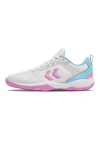 Buty halowe Hummel Speed Court. Zapięcie: sznurówki. Kolor: biały, wielokolorowy, różowy, fioletowy. Materiał: materiał, syntetyk, tkanina. Szerokość cholewki: normalna. Sport: turystyka piesza