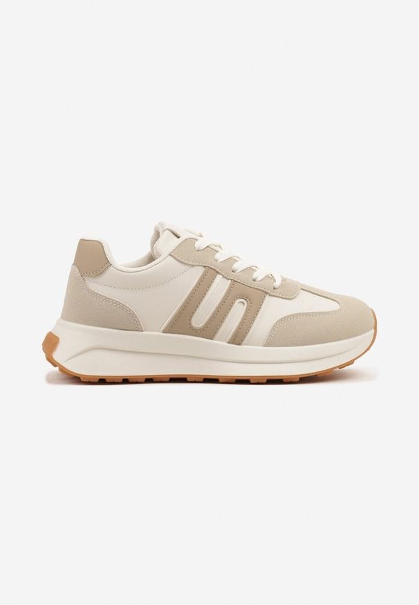 Born2be - Beżowe Sneakersy z Geometrycznym Zdobieniem Avislia. Okazja: na co dzień. Kolor: beżowy. Materiał: jeans. Wzór: aplikacja, geometria