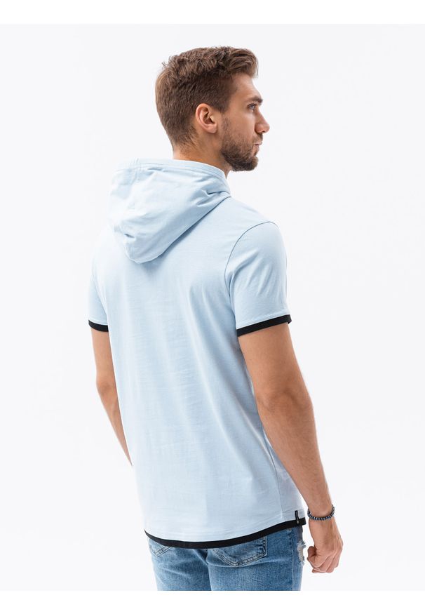 Ombre Clothing - T-shirt męski z kapturem bez nadruku S1376 - jasnoniebieski - XXL. Okazja: na co dzień. Typ kołnierza: kaptur. Kolor: niebieski. Materiał: bawełna, jersey, dzianina. Styl: klasyczny, casual