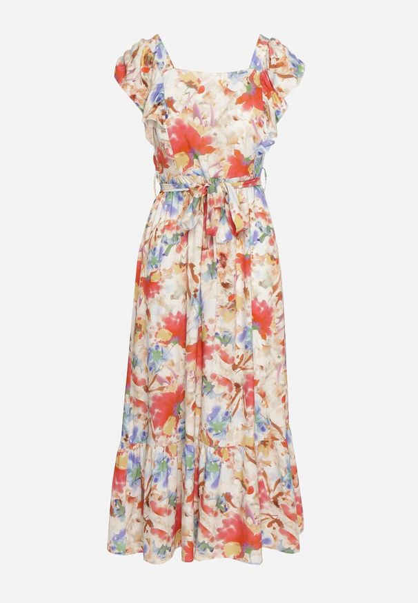 Born2be - Beżowo-Różowa Wiskozowa Sukienka w Kwiaty na Ramiączkach z Falbanką i Materiałowym Paskiem Moemia. Okazja: na ślub cywilny, na wesele, na co dzień, na imprezę. Typ kołnierza: dekolt kwadratowy, kołnierz z falbankami. Kolor: beżowy. Materiał: wiskoza, materiał. Długość rękawa: na ramiączkach. Wzór: kwiaty. Styl: casual, elegancki