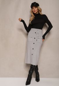 Renee - Jasnoszara Spódnica Ołówkowa z Kaszmirem High Waist z Ozdobnymi Guzikami i Kieszeniami Edithwen. Stan: podwyższony. Kolor: szary. Materiał: kaszmir. Sezon: zima
