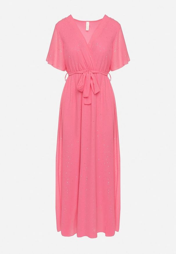 Born2be - Fuksjowa Brokatowa Sukienka Koktajlowa Ozdobiona Paskiem Ziliane. Okazja: na imprezę. Kolor: różowy. Wzór: aplikacja. Styl: wizytowy