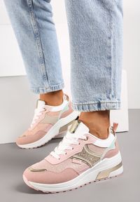Renee - Różowe Sneakersy z Brokatem Cyrkoniami i Metalicznymi Wstawkami Zephramis. Kolor: różowy. Materiał: dresówka #2
