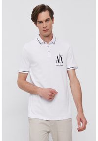 Armani Exchange Polo męskie kolor biały z aplikacją. Okazja: na co dzień. Typ kołnierza: polo. Kolor: biały. Materiał: dzianina. Długość: krótkie. Wzór: aplikacja. Styl: casual #1