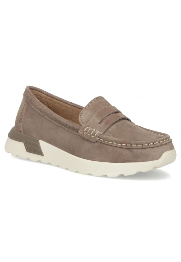 Skórzane mokasyny damskie na platformie beżowe Filippo DP7528. Kolor: beżowy. Materiał: nubuk, zamsz. Obcas: na platformie