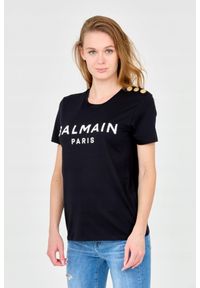 Balmain - BALMAIN Czarny damski t-shirt z guzikami. Kolor: czarny. Materiał: bawełna #4