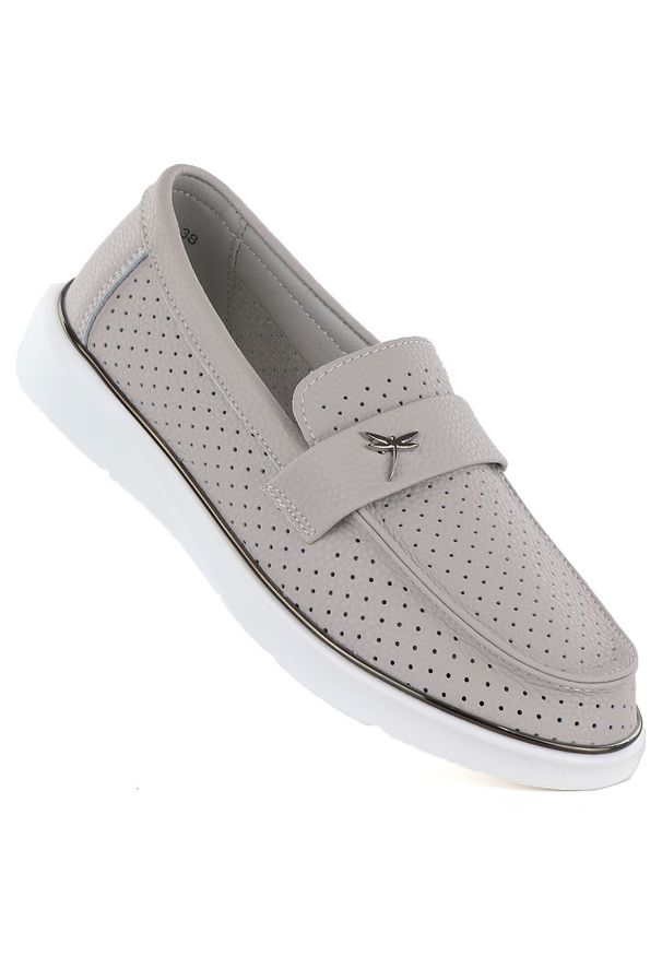 Skórzane mokasyny damskie szare Vinceza 93221. Kolor: szary. Materiał: skóra. Szerokość cholewki: normalna. Wzór: ażurowy