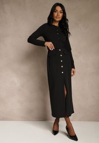 Renee - Czarna Koszulowa Sukienka z Wiskozą Ozdobiona Paskiem i Guzikami Vetionna. Okazja: na co dzień, na imprezę. Kolor: czarny. Materiał: wiskoza. Wzór: aplikacja. Typ sukienki: koszulowe. Styl: casual, elegancki. Długość: midi #2