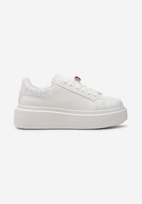 Renee - Białe Sneakersy z Brokatową Wstawką i Cyrkonią przy Sznurówkach Wineta. Kolor: biały #4