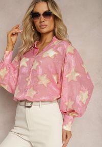 Renee - Różowa Transparentna Koszula w Gwiazdy z Luźnymi Rękawami Aicinema. Kolor: różowy #1