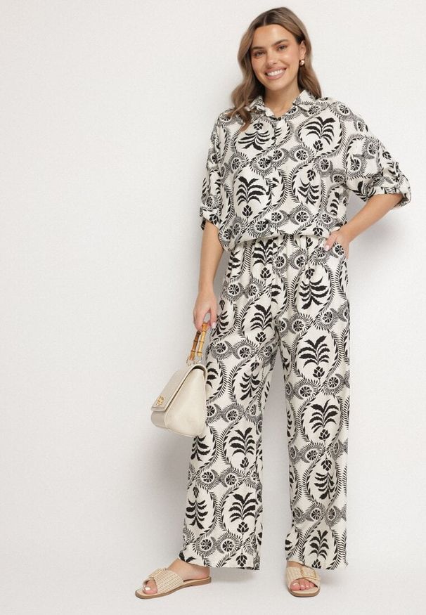 Born2be - Czarny Komplet z Wiskozą Koszula i Spodnie z Gumką w Pasie z Roślinnym Motywem Diviren. Kolor: czarny. Materiał: wiskoza