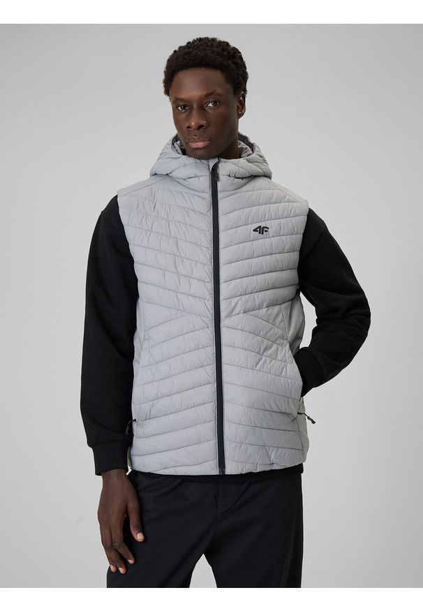 4f - 4F Bezrękawnik z wypełnieniem syntetycznym męski - szary 3XL. Typ kołnierza: kaptur. Kolor: szary. Materiał: syntetyk. Długość rękawa: bez rękawów. Wzór: jodełka