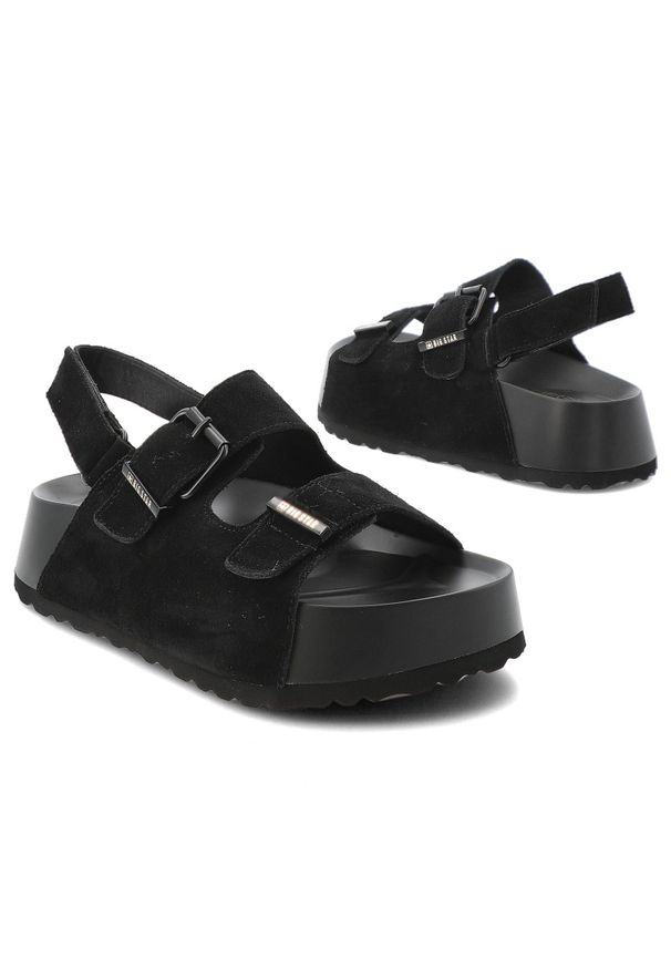 Big-Star - Sandały damskie Big Star, cholewka ze skóry naturalnej zamszowej z regulowanymi paskami i sprzączkami na grubej podeszwie, czarne, TT274237. Okazja: na co dzień, na spacer. Zapięcie: pasek. Kolor: czarny. Materiał: skóra, zamsz. Wzór: paski. Sezon: lato. Styl: casual, klasyczny, sportowy