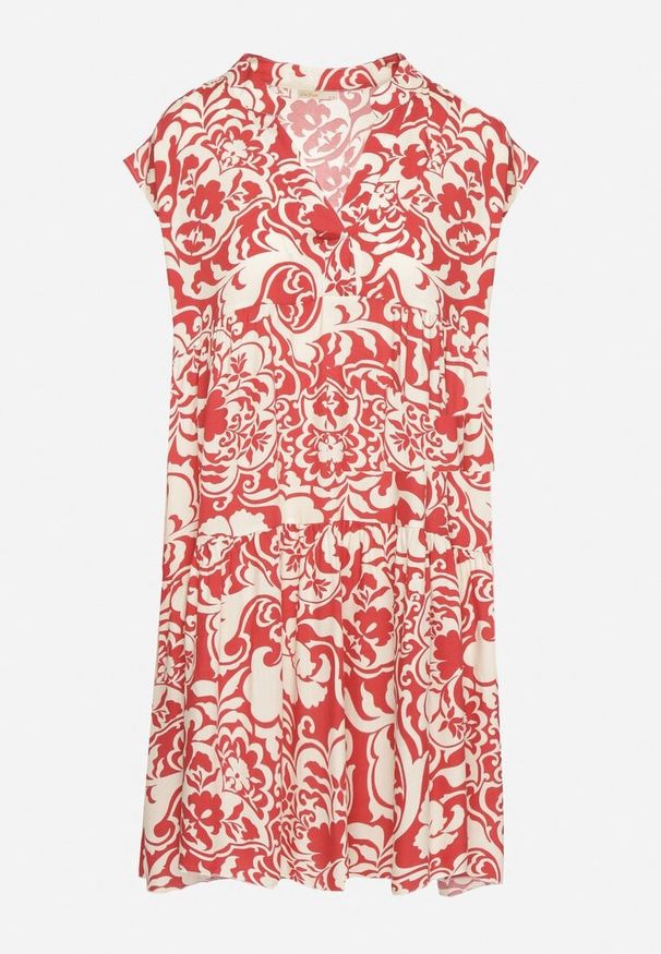 Born2be - Czerwona Bawełniana Sukienka o Kroju Oversize w Ornamentny Wzór Izelona. Okazja: na co dzień. Kolor: czerwony. Materiał: bawełna. Typ sukienki: oversize. Styl: casual, klasyczny