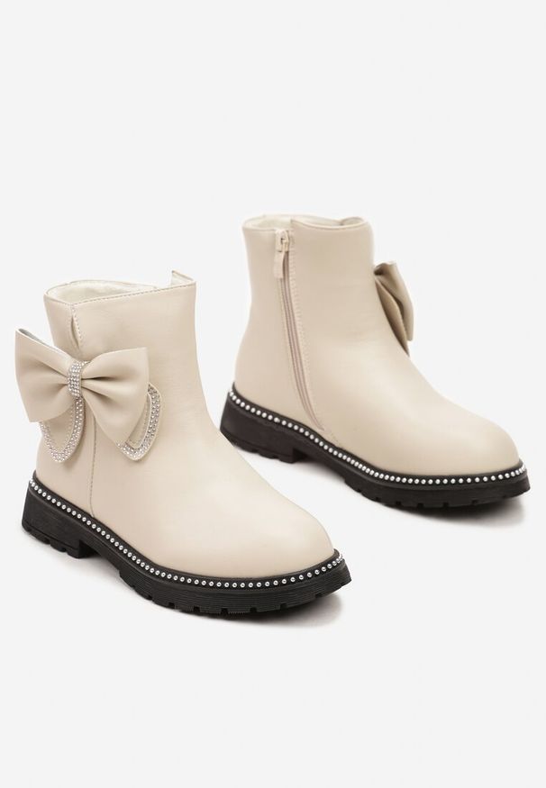 Born2be - Beżowe Botki Ozdobione Kokardami i Cyrkoniami Venorith. Okazja: na co dzień. Kolor: beżowy. Materiał: jeans. Wzór: aplikacja. Sezon: zima, jesień. Styl: casual, elegancki