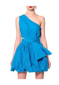 AGGI - Niebieska sukienka bombka Ariana. Okazja: na imprezę. Kolor: niebieski. Materiał: bawełna, tkanina. Wzór: ażurowy. Sezon: lato. Typ sukienki: bombki. Długość: mini #1