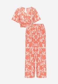 Renee - Pomarańczowy 2-częściowy Komplet z Szerokimi Spodniami i Krótką Bluzką z Wiskozy Steliisa. Kolor: pomarańczowy. Materiał: wiskoza. Wzór: aplikacja, kwiaty #3