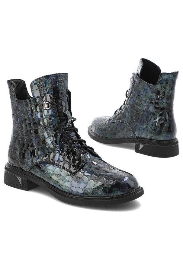 Niebieskie Botki S.Barski Modne Obuwie Damskie. Zapięcie: sznurówki. Kolor: niebieski. Materiał: lakier, skóra, materiał. Styl: klasyczny, elegancki