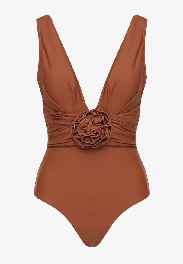 Renee - Brązowy Strój Kąpielowy Jednoczęściowy Ozdobiony Aplikacją Kwiatu 3D z Usztywnieniem Seliris. Kolor: brązowy. Wzór: aplikacja, kwiaty