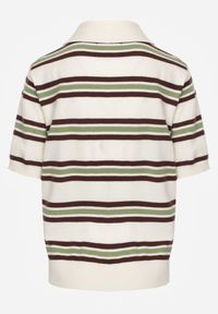 Born2be - Zielono-Kremowy T-shirt Typu Polo z Wiskozą Ozdobiony Guzikami i Paskami Esefia. Okazja: na co dzień. Typ kołnierza: polo. Kolor: zielony. Materiał: wiskoza. Wzór: aplikacja. Styl: casual #2