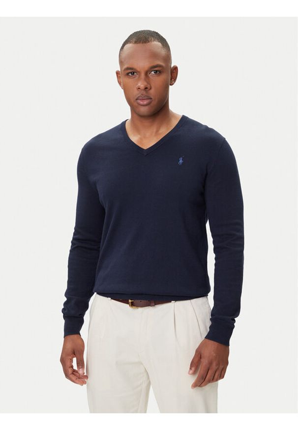 Polo Ralph Lauren Sweter Ls Sf Vn Pp 710670789004 Granatowy Slim Fit. Typ kołnierza: polo. Kolor: niebieski. Materiał: bawełna
