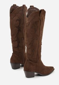 Born2be - Zielone Klasyczne Kozaki Kowbojki na Stożkowym Obcasie Nalenda. Okazja: na co dzień. Kolor: zielony. Materiał: jeans, skóra. Wzór: aplikacja. Obcas: na obcasie. Styl: klasyczny. Wysokość obcasa: średni #5