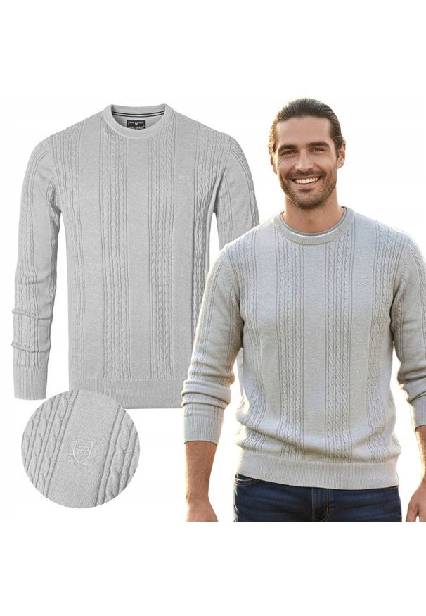 Lekki, Męski Sweter Bawełniany - Pako Jeans - Jasny Popiel, Faktura Materiału. Okazja: na spotkanie biznesowe, do pracy. Materiał: bawełna. Styl: biznesowy, klasyczny