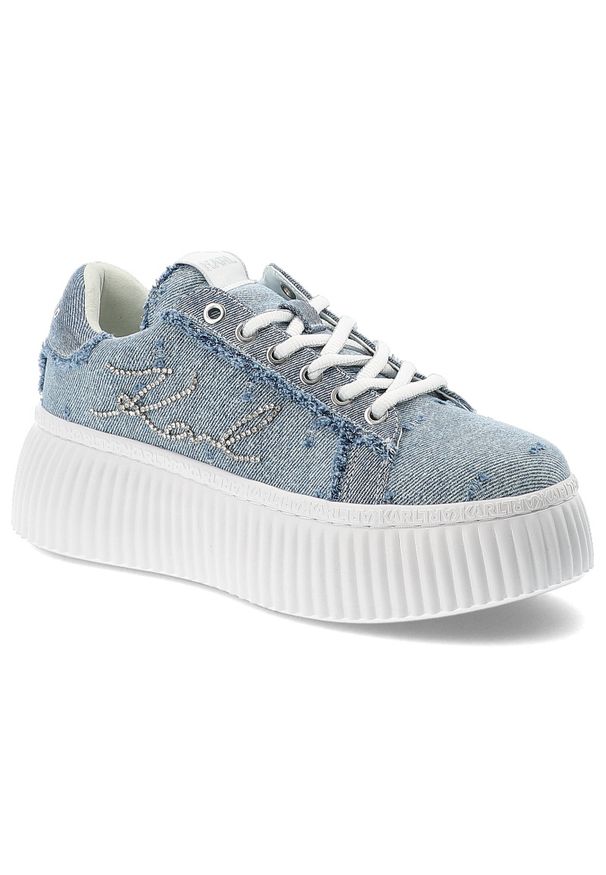 Niebieskie Sneakersy Karl Lagerfeld Modne Obuwie Damskie. Zapięcie: sznurówki. Kolor: niebieski. Materiał: materiał, denim, jeans. Szerokość cholewki: normalna. Wzór: aplikacja. Styl: klasyczny, elegancki