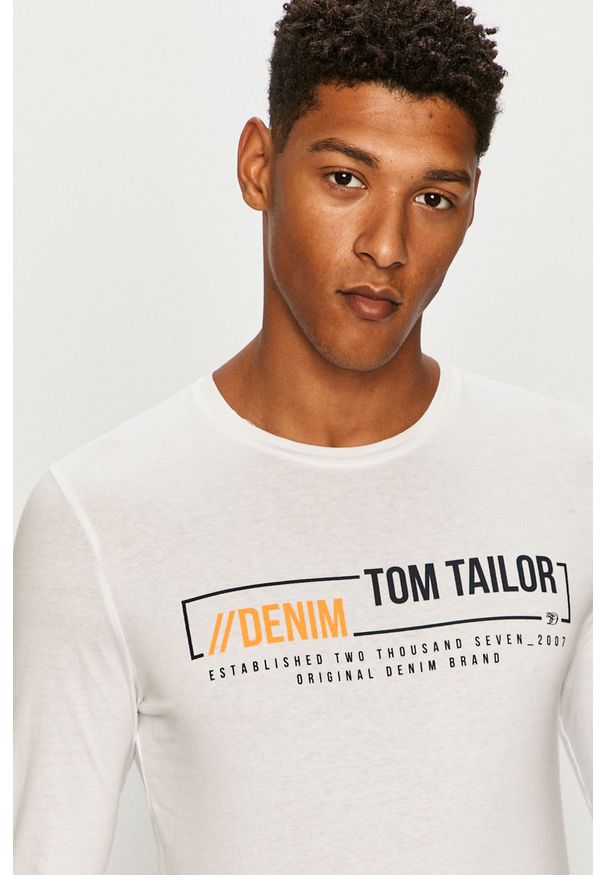 Tom Tailor Denim - Longsleeve. Okazja: na co dzień. Kolor: biały. Materiał: denim. Wzór: nadruk. Styl: casual