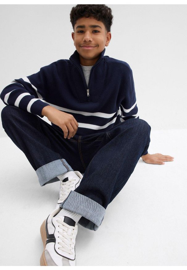 bonprix - Dżinsy loose fit ze stretchem, regulowany pas, prosta nogawka. Kolor: niebieski