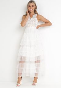 Born2be - Biała Sukienka Maxi z Tiulowym Dołem i Koronkową Górą Deliva. Okazja: na co dzień. Kolor: biały. Materiał: tiul, koronka. Wzór: aplikacja. Styl: casual, klasyczny. Długość: maxi #5