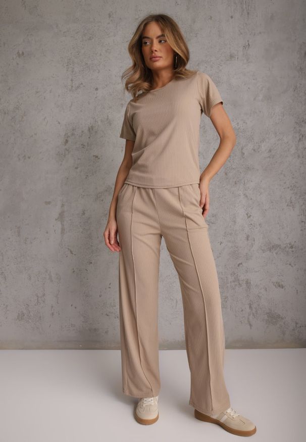 Renee - Beżowy T-shirt Basic z Okrągłym Dekoltem Dolea. Okazja: na co dzień. Kolor: beżowy. Materiał: jeans. Długość: krótkie. Wzór: gładki. Styl: casual