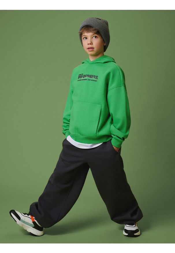 4f - 4F Bluza dresowa loose z kapturem chłopięca - zielona 122/128 (6-8 lat). Okazja: na spacer, na co dzień, na uczelnię. Typ kołnierza: kaptur. Kolor: zielony. Materiał: dresówka. Długość: długie. Sezon: lato. Styl: casual
