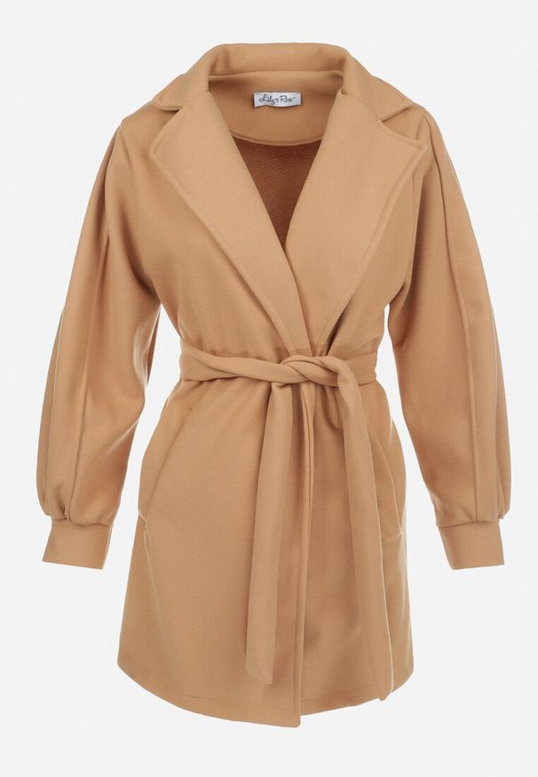 Born2be - Ciemnobeżowy Płaszcz z Wiązanym Paskiem i Bufiastym Rękawem Imgrucu. Typ kołnierza: kołnierzyk stójkowy. Kolor: beżowy. Materiał: tkanina, jeans. Długość: długie. Sezon: wiosna, jesień