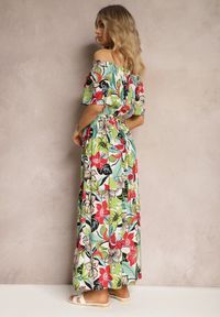 Renee - Zielono-Różowa Wiskozowa Sukienka o Rozkloszowanym Kroju z Paskiem w Talii w Kwiatowy Print Rosubia. Okazja: na co dzień. Typ kołnierza: dekolt w łódkę. Kolor: zielony. Materiał: wiskoza. Wzór: kwiaty, nadruk. Typ sukienki: proste. Styl: wizytowy, casual. Długość: mini #4