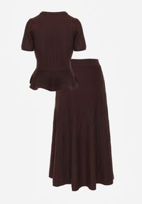 Renee - Brązowy Komplet z Wiskozą Bluzka z Guzikami i Baskinką i Spódnica Narinna. Kolor: brązowy. Materiał: wiskoza #5