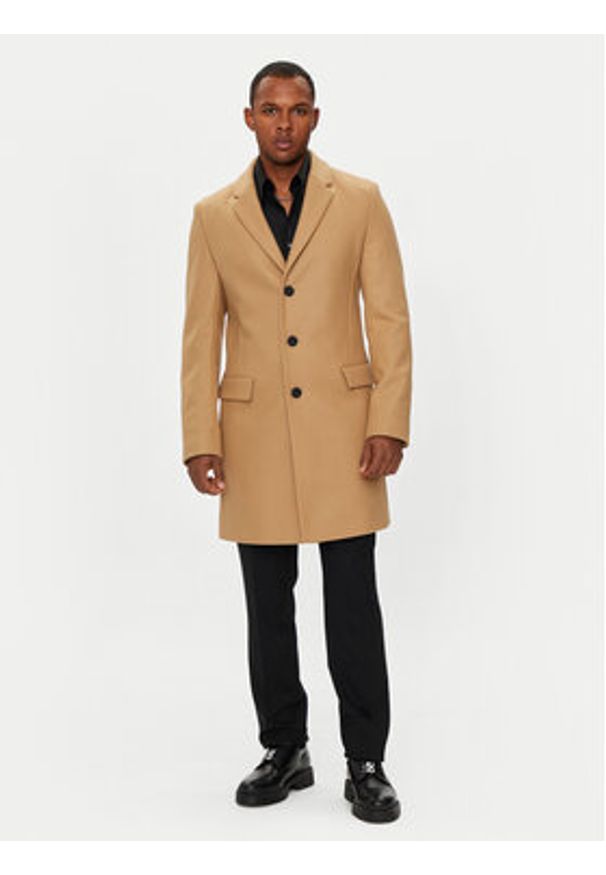 Hugo Płaszcz wełniany Migor 2441 50528793 Beżowy Slim Fit. Kolor: beżowy. Materiał: wełna