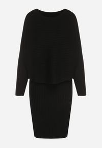 Born2be - Czarny Dzianinowy Komplet Prążkowany Sukienka i Sweter o Kroju Nietoperz Wederela. Kolor: czarny. Materiał: dzianina, prążkowany #4