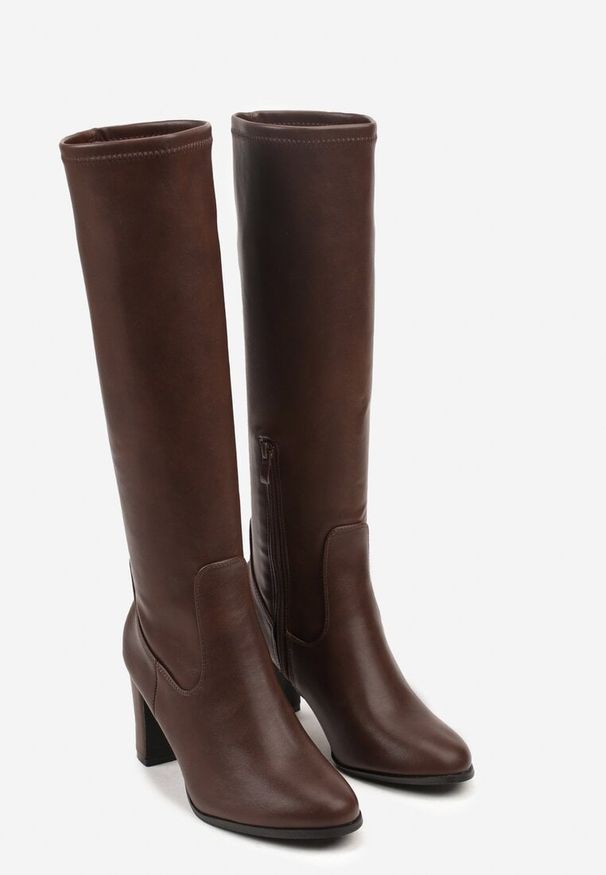 Renee - Brązowe Kozaki na Słupku z Przylegającą Cholewką Alovire. Kolor: brązowy. Materiał: jeans. Szerokość cholewki: normalna. Obcas: na słupku