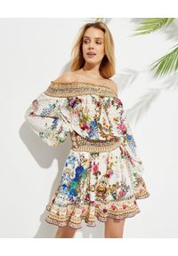 Camilla - CAMILLA - Sukienka mini z hiszpańskim dekoltem. Kolor: beżowy. Materiał: jedwab. Wzór: aplikacja, kwiaty. Długość: mini #1