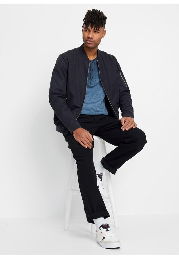 bonprix - Bluzka z dekoltem henley z bawełny organicznej, z efektem wytarcia, długi rękaw. Typ kołnierza: typu henley. Kolor: niebieski. Materiał: bawełna. Długość rękawa: długi rękaw. Długość: długie