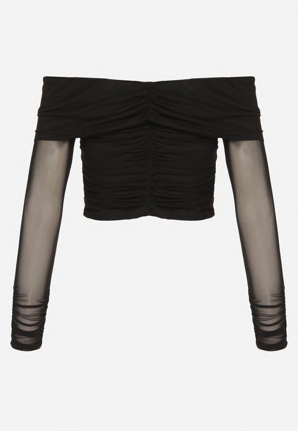 Born2be - Czarna Siateczkowa Bluzka VICES z Odkrytymi Ramionami Ozdobiona Marszczeniem Tuvita. Okazja: na co dzień. Kolor: czarny. Materiał: jeans. Wzór: aplikacja. Styl: casual