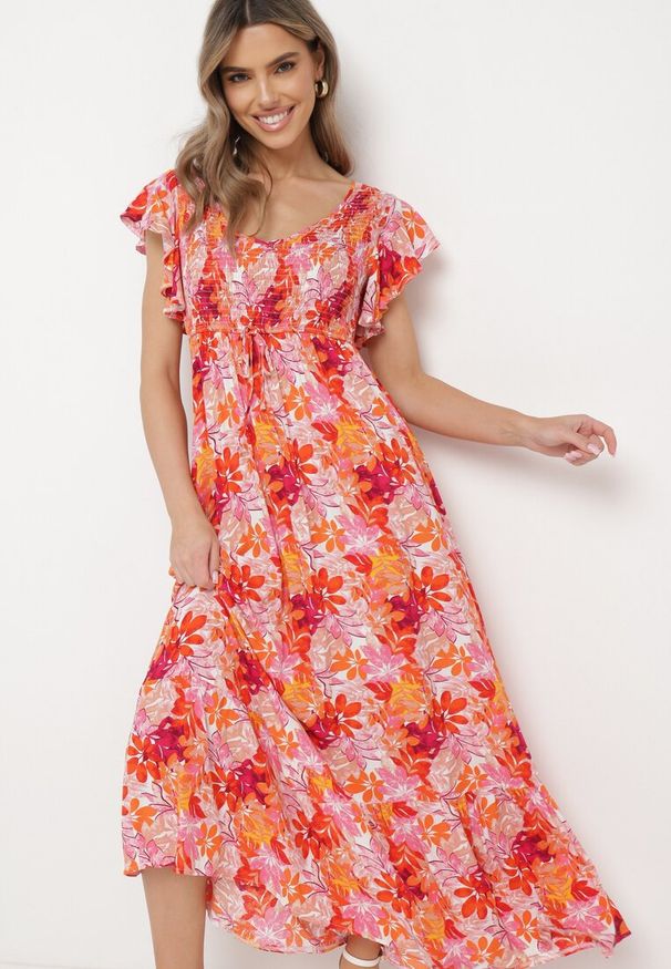 Born2be - Pomarańczowa Sukienka Maxi z Kwiatowym Wzorem i Gumką w Talii Oleccte. Kolor: pomarańczowy. Wzór: kwiaty. Styl: wakacyjny. Długość: maxi