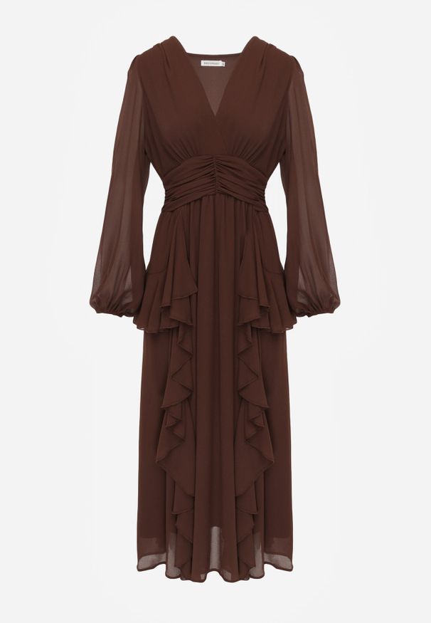 Born2be - Brązowa Romantyczna Sukienka Koktajlowa z Falbanami i Marszczeniem w Pasie Aranilla. Typ kołnierza: kołnierz z falbankami. Kolor: brązowy. Materiał: tkanina, materiał. Wzór: gładki, aplikacja. Typ sukienki: rozkloszowane. Styl: wizytowy